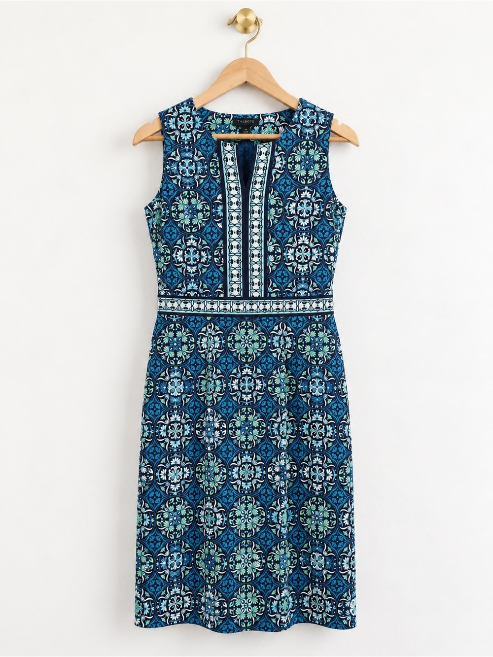 Talbots Blue Green Medallion Print Jersey Knit Midi Dress XS Sleeveless